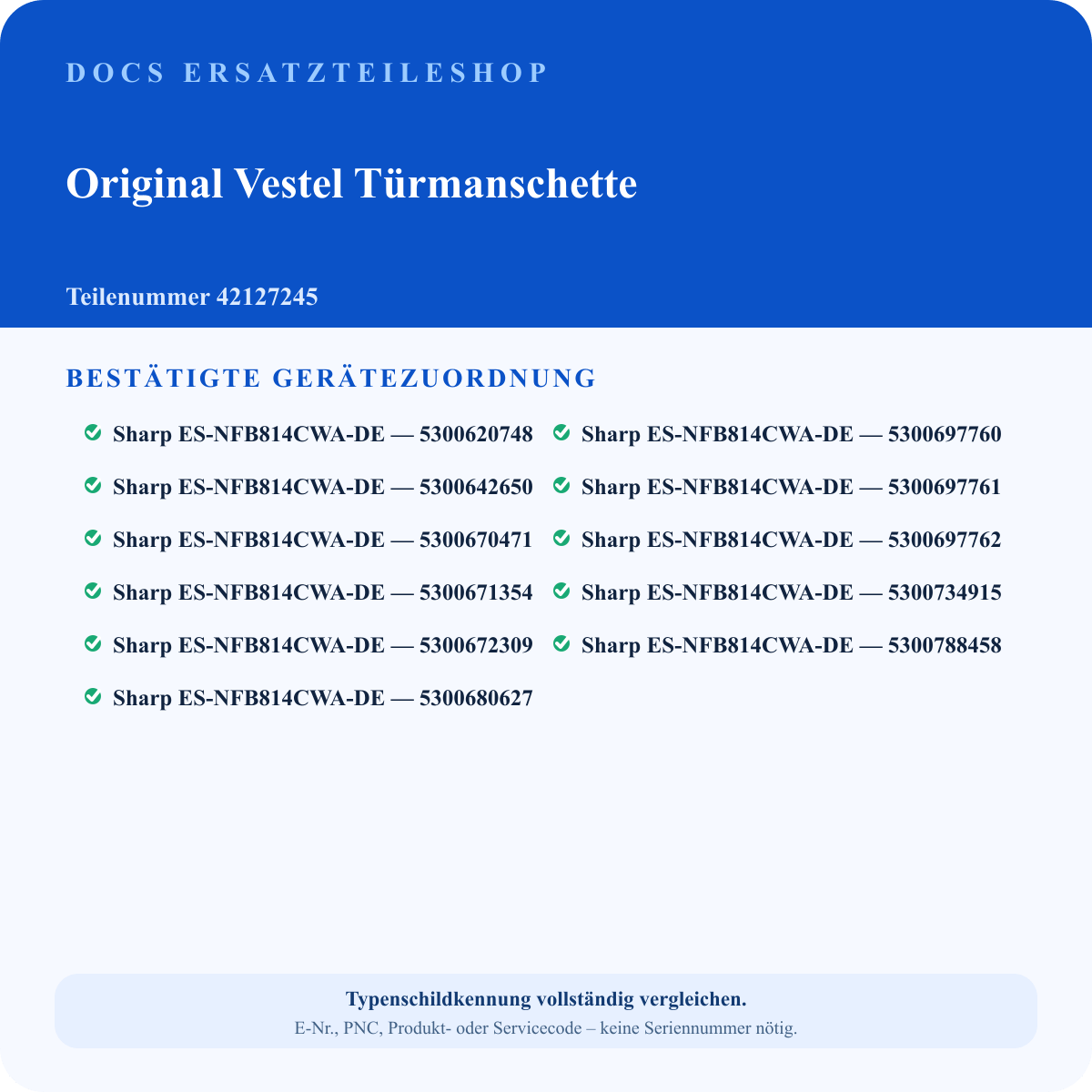 Geprüfter Passungsauszug für Vestel Türmanschette 42127245 – 11 Sharp Gerätenummern