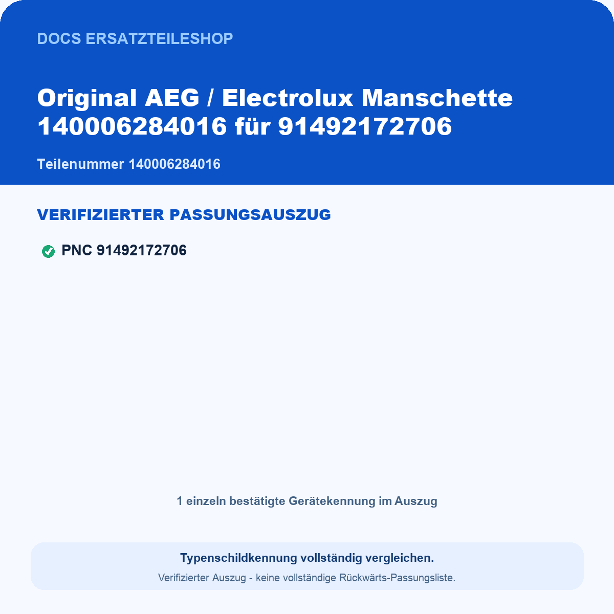 Verifizierter Passungsauszug 140006284016 – 1 geprüfte Gerätekennungen