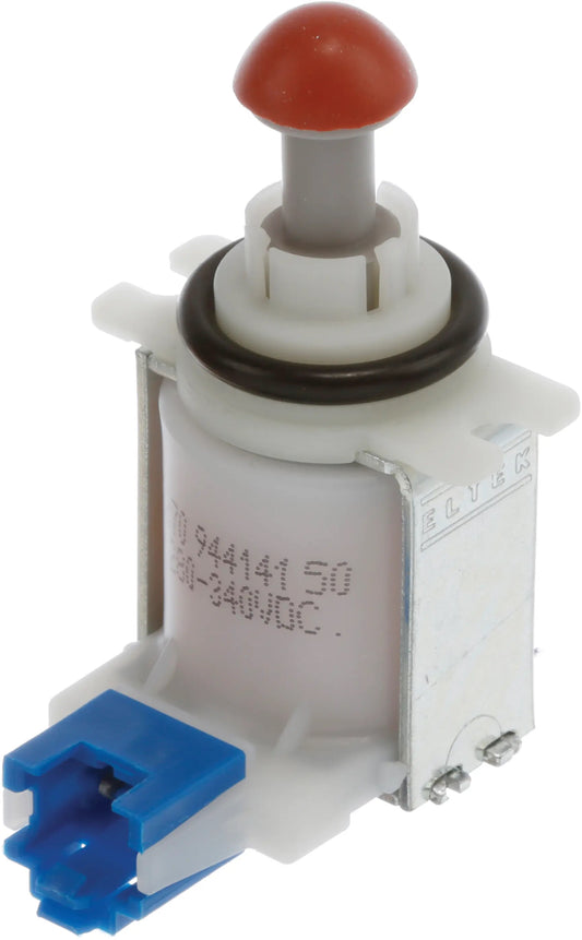 Detailansicht Original Bosch Siemens Ablaufventil 11033896 mit rotem Stößel und blauem Anschluss