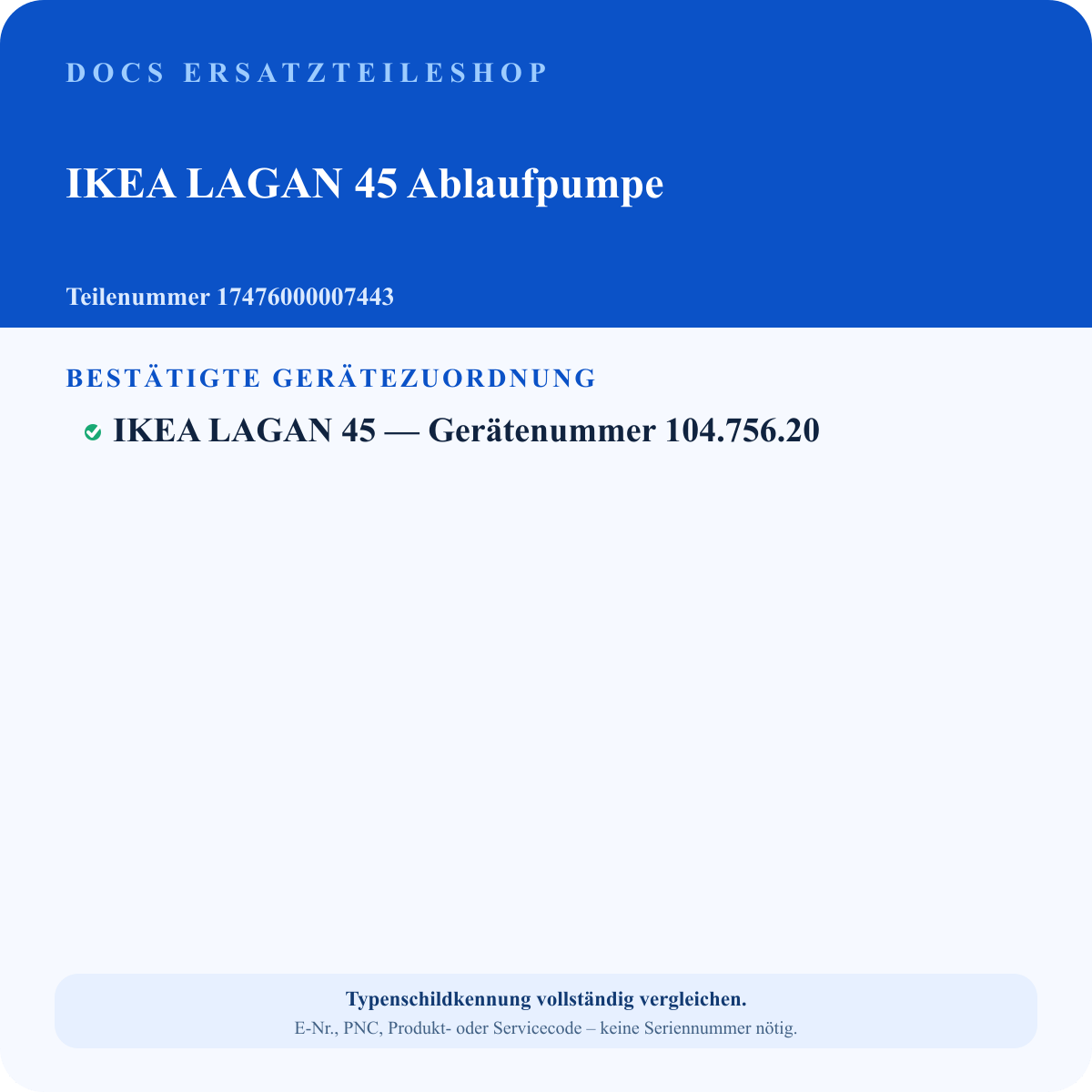 Geprüfter Passungsauszug für IKEA LAGAN Ablaufpumpe 17476000007443 – Gerätenummer 104.756.20