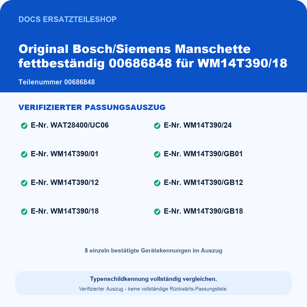 Verifizierter Passungsauszug 00686848 – 8 geprüfte Gerätekennungen